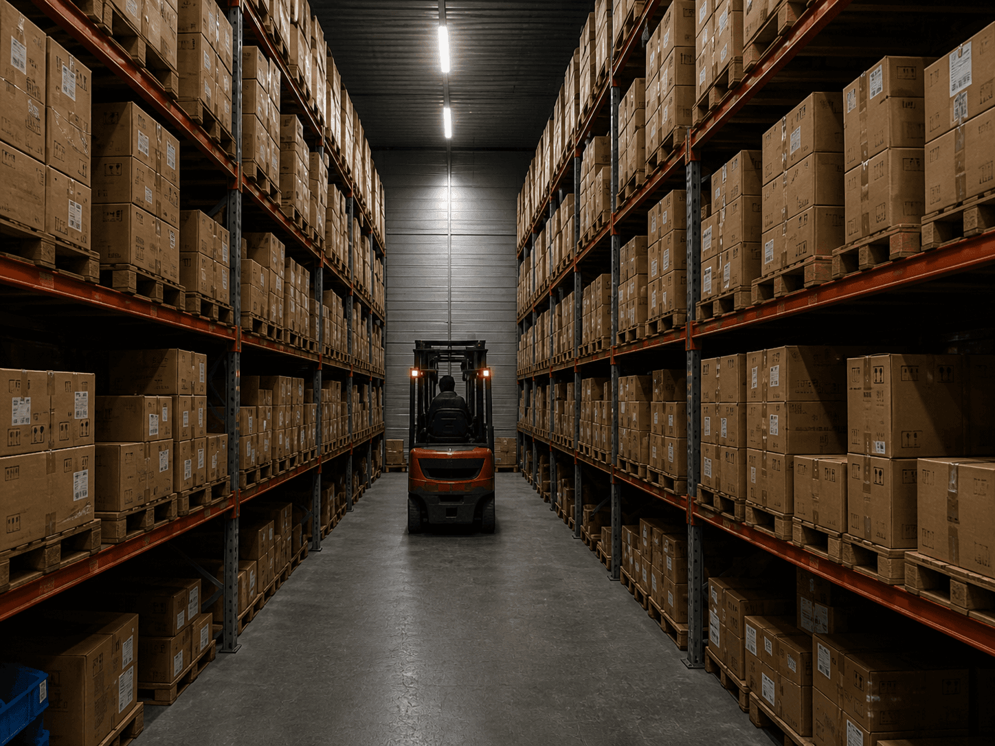 Donkere symmetrische warehousegang met forklift centraal.